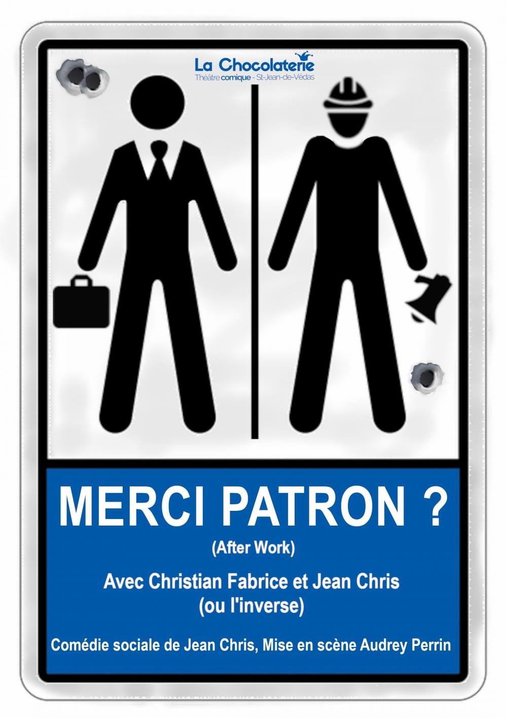 Affiche du spectacle : deux silhouettes rappelant celles à l'entrée des toilettes représentant un patron et un employé stylisés